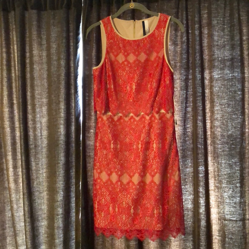 Kensie red and beige layered lacedress